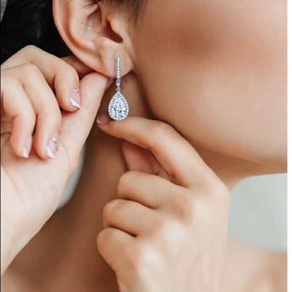 Silver CZ Teardrop Hoop Earrings - Picture 1 of 4